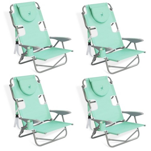 Ostrich Lightweight Portable Outdoor On Your Back Folding Chair for Relaxing with 5 Seat Adjustment Backpack Straps and Cup Holder Teal 4 Pack