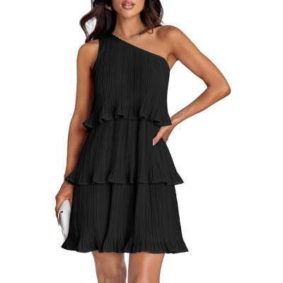 Womens Summer Dress Asymmetric Dresses Sleeveless Ruffle Tiered Layered Chiffon Pleated A Line Swing Mini Dress Night Date Outfits