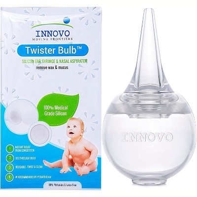 Innovo Silicone Twister Bulb Baby Ear Syringe and Nasal Aspirator, Sucks Snot and Mucus, Cleanable and Reusable, Clear