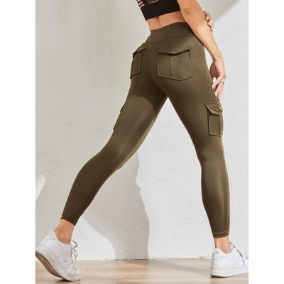 DOMETOUR Women's Elastic Tights Hip-up Bottom-up Pants Pocket Buttons Yoga Pants Yoga Pants