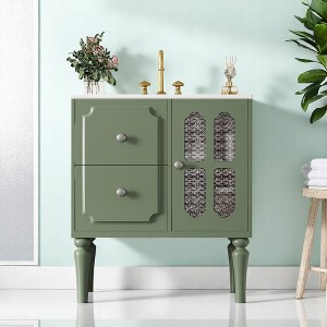 Mshliw 30'' Retro Style Bathroom Vanity with Ceramic Sink Combo, Freestanding Solid Wood Frame Cabinet with 2 Drawers and Storage - 1 of 4