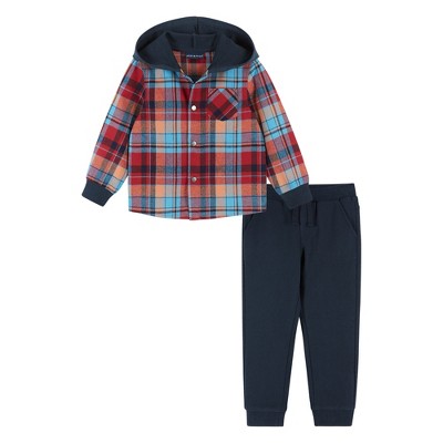 Image of Andy & Evan Infant  Boys Navy & Red Plaid Hooded Flannel Set, Size 0-3 Months.