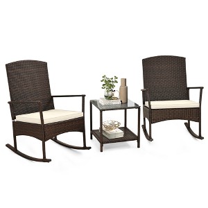 Tangkula 3 Pieces Rocking Wicker Bistro Set Outdoor Front Porch Rocker Chairs Conversation Set - 1 of 4