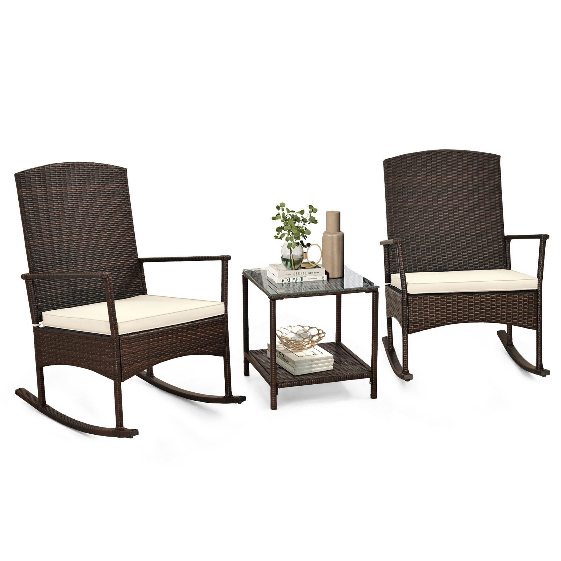Tangkula 3 Pieces Rocking Wicker Bistro Set Outdoor Front Porch Rocker Chairs Conversation Set White