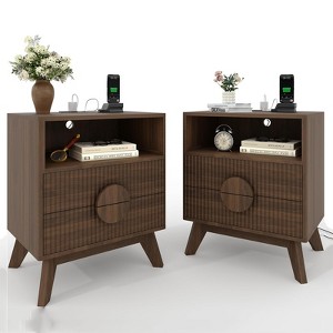 Modern Fluted Night Stand, Bedroom Nightstand with USB Charging Station, Wood Fluted Bedside Table - 1 of 4