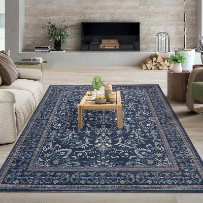 Acekool Washable Area Rug, Vintage Boho Floral, Non-Slip Low Pile Carpet for Living Room, Bedroom, Nursery, Playroom, Dining Room