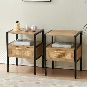 Modern Rattan Nightstand Set of 2,End Table with Drawer & Open Shelf, Freestanding Narrow Side Table for Small Space for Living Room Bedroom Offic - 1 of 4