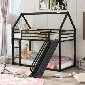 RISOKEYS Twin Over Twin Bunk Bed - Low Bunk Bed Metal Bunk Beds with Ladder and Full-Length Guardrail for Girl & Boy, No Box Spring Needed - Black - 1 of 4