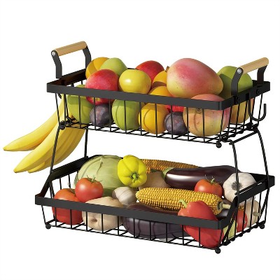2-Tier Fruit Basket with Side Hooks, Removable Metal Storage Basket Stand with Wooden Handle, Black