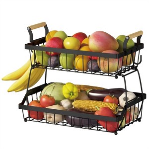 2-Tier Fruit Basket with Side Hooks, Removable Metal Storage Basket Stand with Wooden Handle, Black - 1 of 4