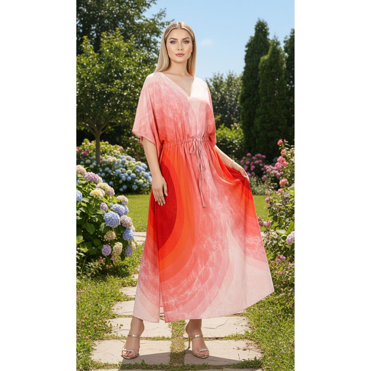 HAPPY BAY Women's Summer Vacation Swimwear Cover Up Beach Bikini Kaftan Regular Fit Beachwear Dress Bathing Suit Caftan One Size Red Tie Dye - thumbnail 4