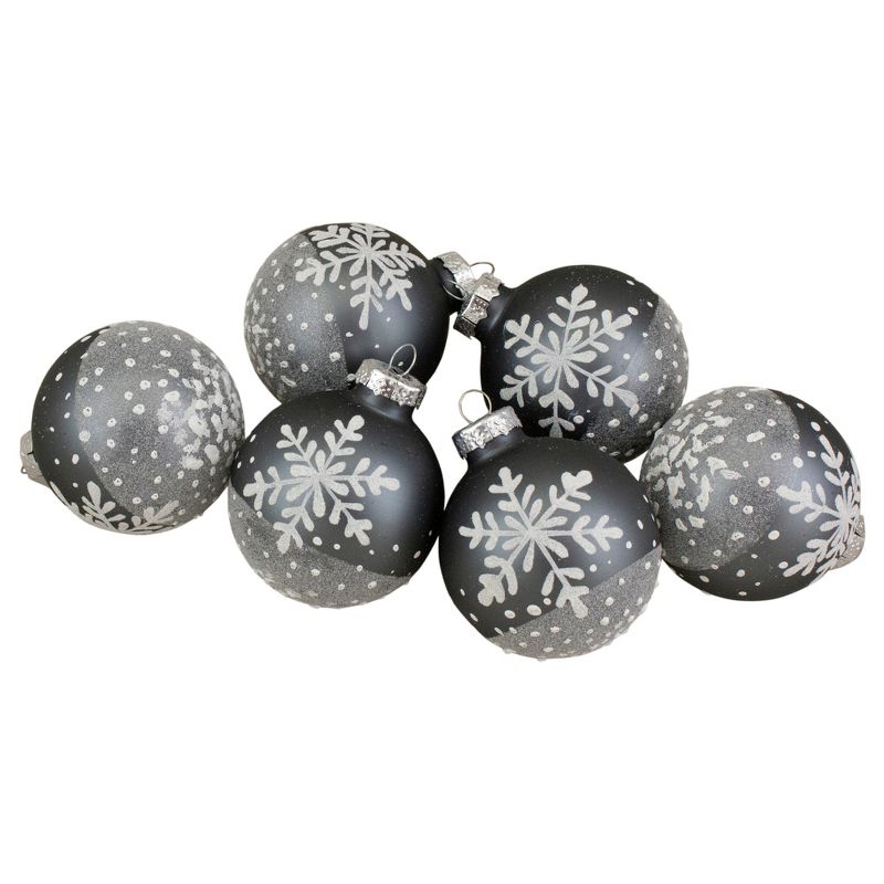 Northlight Set of 6 Gray and White Snowflake Glass Christmas Ball Ornaments 4" (101mm), 1 of 5