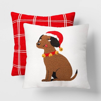 2pk Christmas Puppy Jacquard Chenille Square Throw Pillow Ivory/Red - Wondershop™