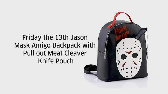 Friday The 13th Jason Mask 11" Mini Backpack With Pull Out Meat Cleaver Coin Purse, 2 of 8, play video