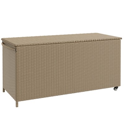 FURNIinspire Utility Storage Cabinet 83 Gallon Deck Box Large Outdoor Storage Chest Pe Wicker Trunk For Outside On Wheels, Brown, 48.80"*26.40"*5.90"