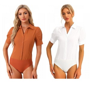 Allegra K Women's Office Button Down One-Piece Short Sleeve Bodysuit Work Shirt 2 Packs - 1 of 4
