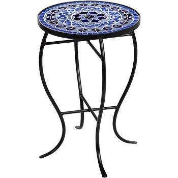 Teal Island Designs Modern Black Round Outdoor Accent Side Table 14" Wide Light Blue Mosaic Tabletop Front Porch Patio Home House Balcony