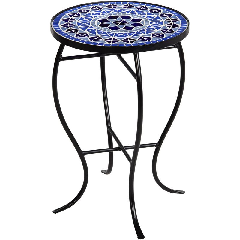 Teal Island Designs Modern Black Round Outdoor Accent Side Table 14" Wide Light Blue Mosaic Tabletop Front Porch Patio Home House Balcony, 1 of 8