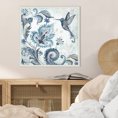 Watercolor Boho Blue Hummingbird Canvas Wall Art in White Frame