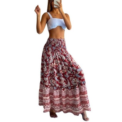 Women's Summer Boho Long Skirts Flowy High Waist A Line Maxi Skirts for Women Summer Pleated Floral Skirts Beach Skirts
