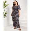 Women's Plus Size Wide Leg Floral Jumpsuits Casual Summer Outfits with Belt Bell Sleeve Smocked Floral Navy Leaves 3XL - 2 of 4
