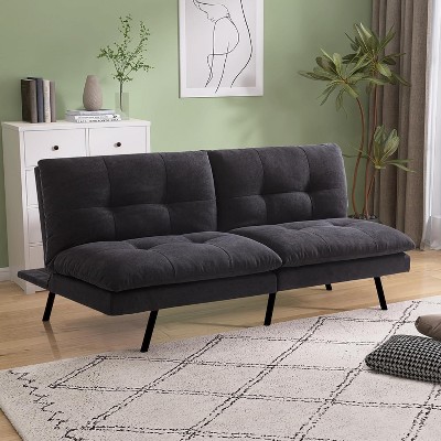 Lycvki Black Linen Fabric Convertible Memory Foam Couch with Adjustable Backrest