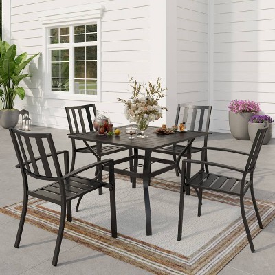 5pc Metal Indoor/Outdoor 37" Square Striped Dining Table with Arm Chairs & 1.57" Umbrella Hole - Captiva Designs