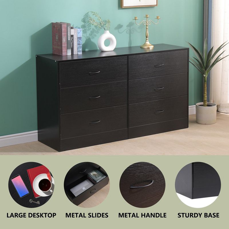 SUGIFT 6 Drawer Dresser, Modern Wood Chest of Drawers for Bedroom, Black, 2 of 8