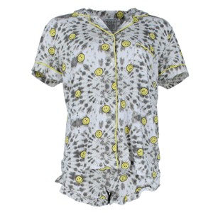 Mentally Exhausted Women's Smile Tie-Dye Notch Collar Short Sleeve and Shorts Set - 1 of 3