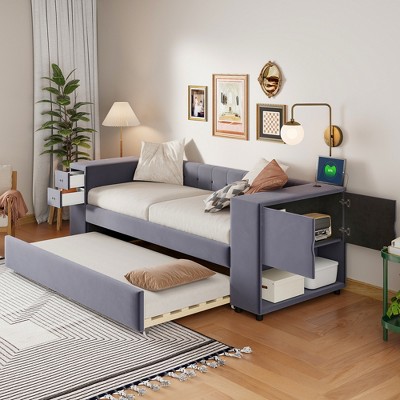 Twin Size Daybed, Velvet Upholstered Storage Platform Bed Frame with Twin Size Trundle Bed, USB Ports -ModernLuxe