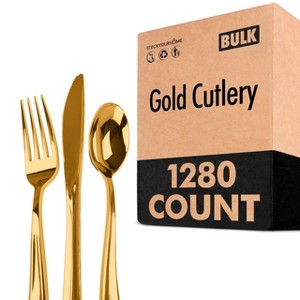 1280 Pack Gold Plastic Cutlery Disposable Silverware - 640 Forks, 320 Knives, 320 Spoons - For Catering, Parties, Dinners, Weddings, and Everyday Use - 1 of 1