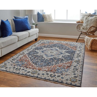 Kaia Ivory Blue Red Medallion Rectangular Area Rug