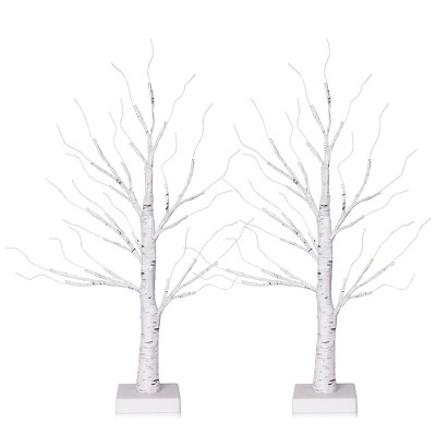 DR.Planzen 24" White Birch Christmas Tree Set of 2, LED Lighted Artificial Mini Trees with Warm Lights, Gift Card Display Trees for Home Holiday Decor