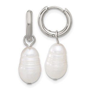 Chisel Stainless Steel Polished White Baroque Freshwater Cultured Pearl Dangle Hinged Hoop Earrings - 1 of 4