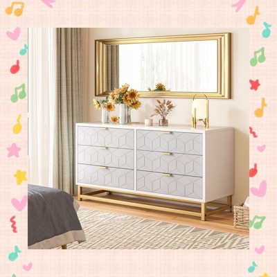 Garvee Sleek White 6-Drawer Dresser with Gold Accents – Stylish Storage Organizer on Metal Legs for Bedroom, Living Room, or Hallway