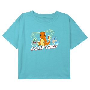 Girl's Pokemon Three Starters of Kanto Good Vibes Crop Top T-Shirt - 1 of 3