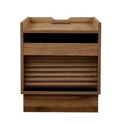 Vynxaria Mid Century Modern 2-Drawer Nightstand - Brown (Yellow/Black Optional), Charging Station, LED Lights, Extended Bookshelf, Smooth Metal Slides