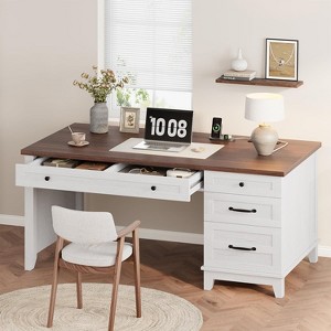 Acekool Executive Desk with Drawers and Charging Station, 53.54" Farmhouse Computer Desk with File Cabinet, Home Office Workstation, White Walnut - 1 of 4