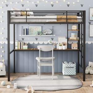 COZONY Plus Size Twin Size Black Loft Bed with Large Desk & Storage Shelves, Heavy Duty Metal Loft Bed Frame with Guardrail and Ladder - 1 of 4