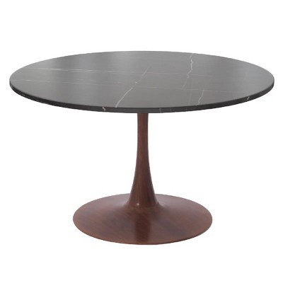 LeisureMod Bristol 35" Round Dining Table with Sintered Stone Top and Walnut Steel Pedestal Base for Modern Kitchen and Dining Room