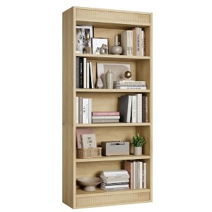 71" Farmhouse Bookcase w/ Double Fluted Design, 5 Tier Tall Bookshelf with Wooden Base, Rustic Vintage Wooden Bookshelf for Office Library - 1 of 4