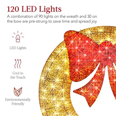Gold and Red LED Pre-Lit Outdoor Christmas Wreath with Bow