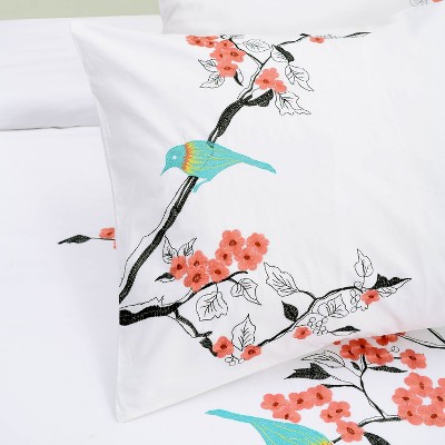 Modern Embroidered Cherry Blossom Floral Cotton Duvet Cover and Pillow Sham Set - Thumbnail 3