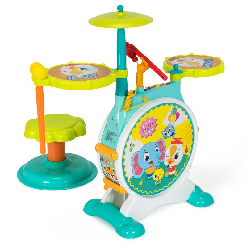 Costway 3-Piece Electric Kids Drum Set Musical Toy Gift w/Microphone Stool Pedal, 1 of 11