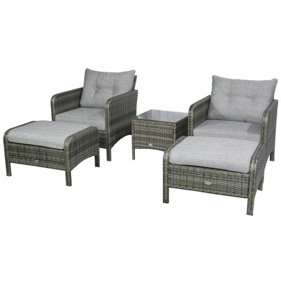 Outsunny 5 Piece Rattan Wicker Lounge Chair, Outdoor Patio Conversation Set with 2 Cushioned Chairs, 2 Ottomans & Tempered Glass Top Coffee Table