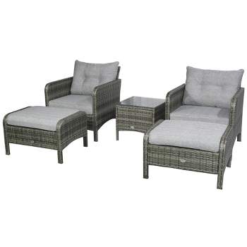 Outsunny 5 Pieces Rattan Wicker Lounge Chair Outdoor Patio Conversation Set with 2 Cushioned Chairs, 2 Ottomans & Glass Coffee Table, Gray