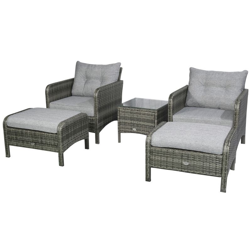 Outsunny 5 Pieces Rattan Wicker Lounge Chair Outdoor Patio Conversation Set with 2 Cushioned Chairs, 2 Ottomans & Glass Coffee Table, Gray, 1 of 7