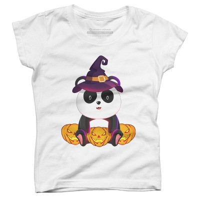 Girl's Design By Humans Cute Panda Mock up Witch With Jack O Lantern Halloween T-Shirt By thebeardstudio T-Shirt