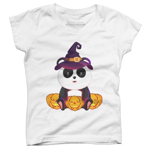 Girl's Design By Humans Cute Panda Mock up Witch With Jack O Lantern Halloween T-Shirt By thebeardstudio T-Shirt - 1 of 3