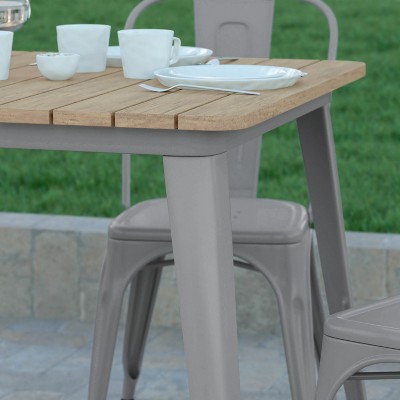 Emma and Oliver 31.5" Square Brown Poly Resin Top Dining Table with Silver Steel Base
